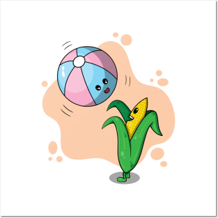 Cute corn playing with beach balloon Posters and Art